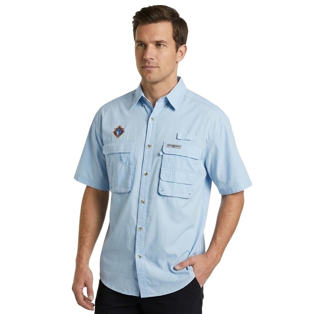 Hook & Tackle Size M Mens Light Blue Short Sleeve Fishing‎ Shirt Vented Back Pro